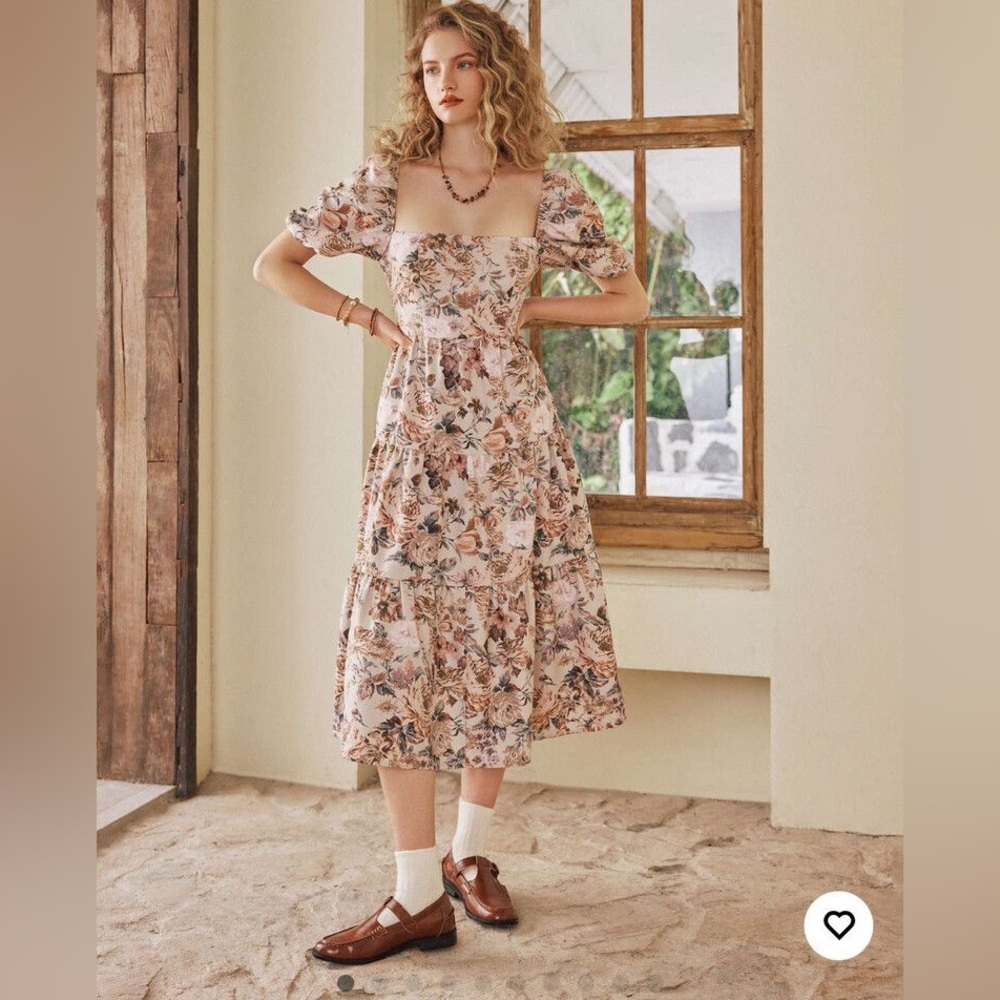 Floral Puff Sleeve Square Neck Midi Dress - Picture 6 of 6